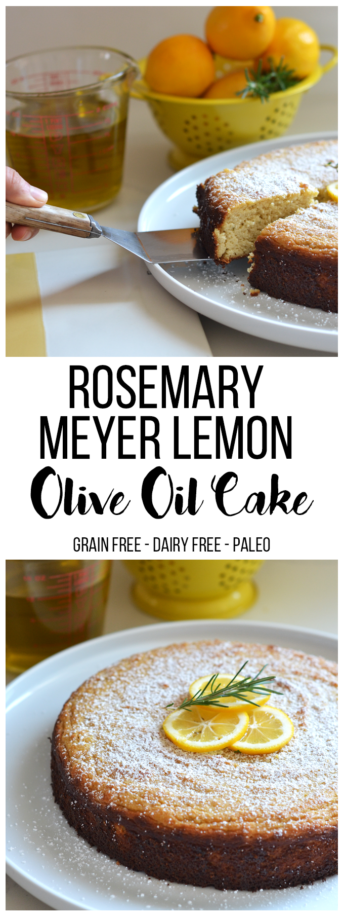 este bolo de azeite de limão Rosemary Meyer é sem grãos, sem açúcar refinado e sem laticínios aka - Paleo! Tem um sabor tão fabuloso e é perfeito para qualquer festa ou brunch!